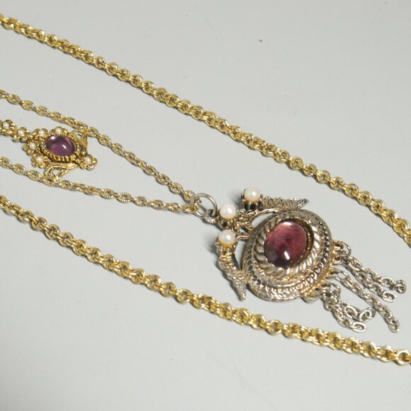 Vtg Victorian Revival Filigree Amethyst Colored Glass Double Drop Chain Necklace - Picture 3 of 4